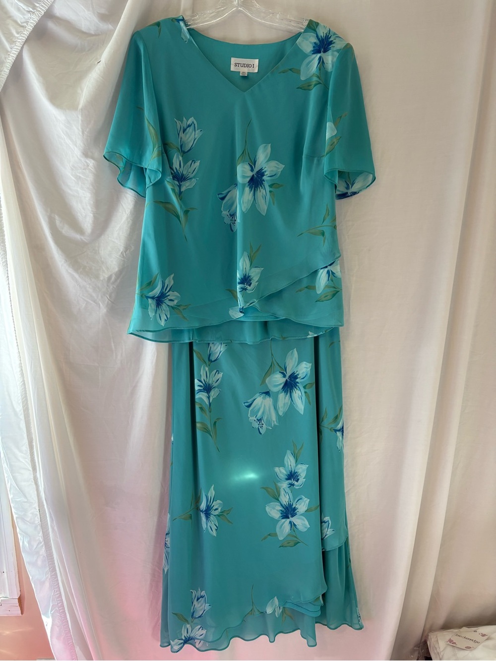 Studio I Teal Floral Layered Maxi Skirt Set